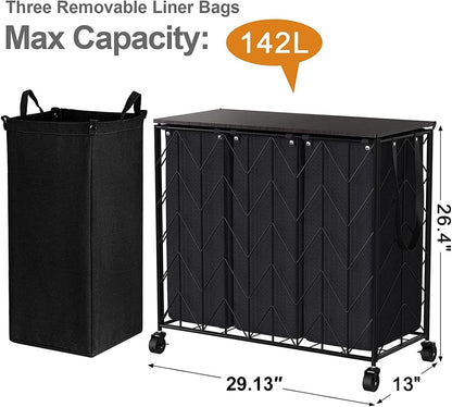 Laundry Hamper 3 Section with Lid, 142L Laundry Basket with Wheels
