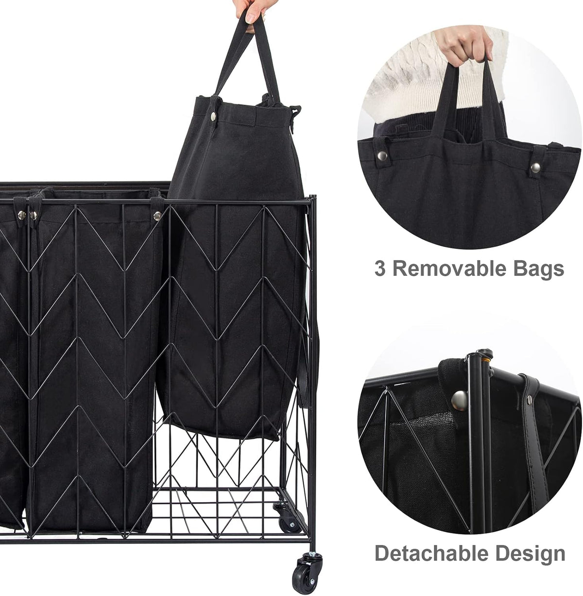 Laundry Hamper 3 Section with Lid, 142L Laundry Basket with Wheels