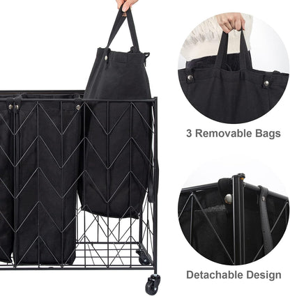 Laundry Hamper 3 Section with Lid, 142L Laundry Basket with Wheels