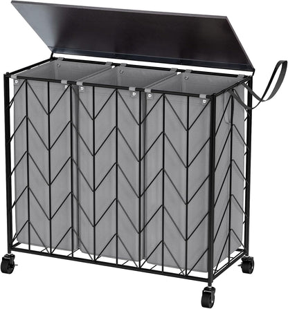 Laundry Hamper 3 Section with Lid, 142L Laundry Basket with Wheels