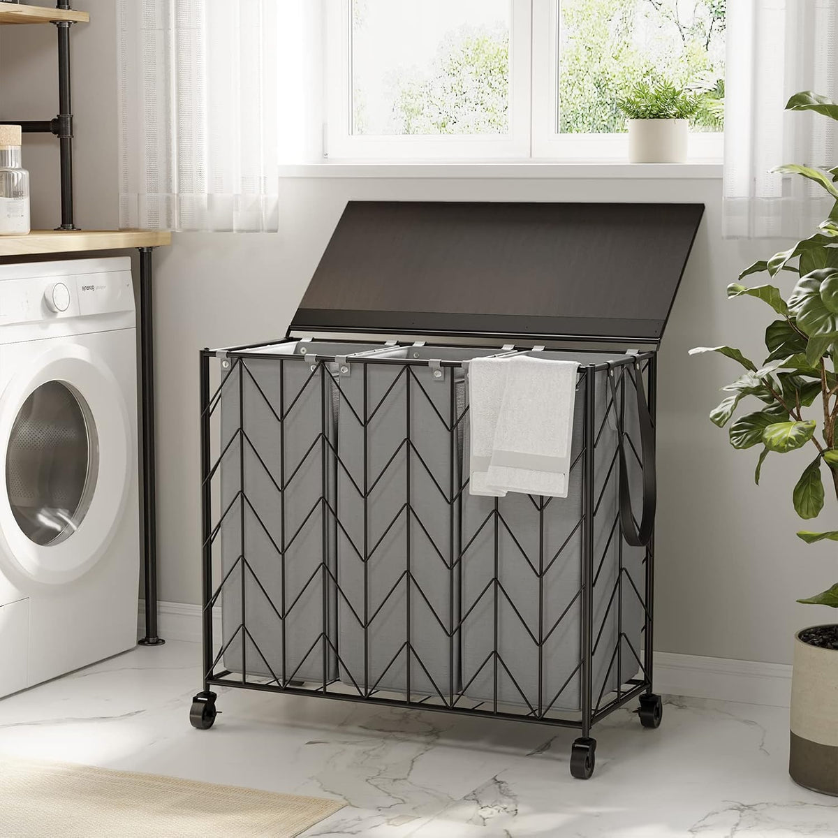 Laundry Hamper 3 Section with Lid, 142L Laundry Basket with Wheels