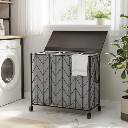 Laundry Hamper 3 Section with Lid, 142L Laundry Basket with Wheels