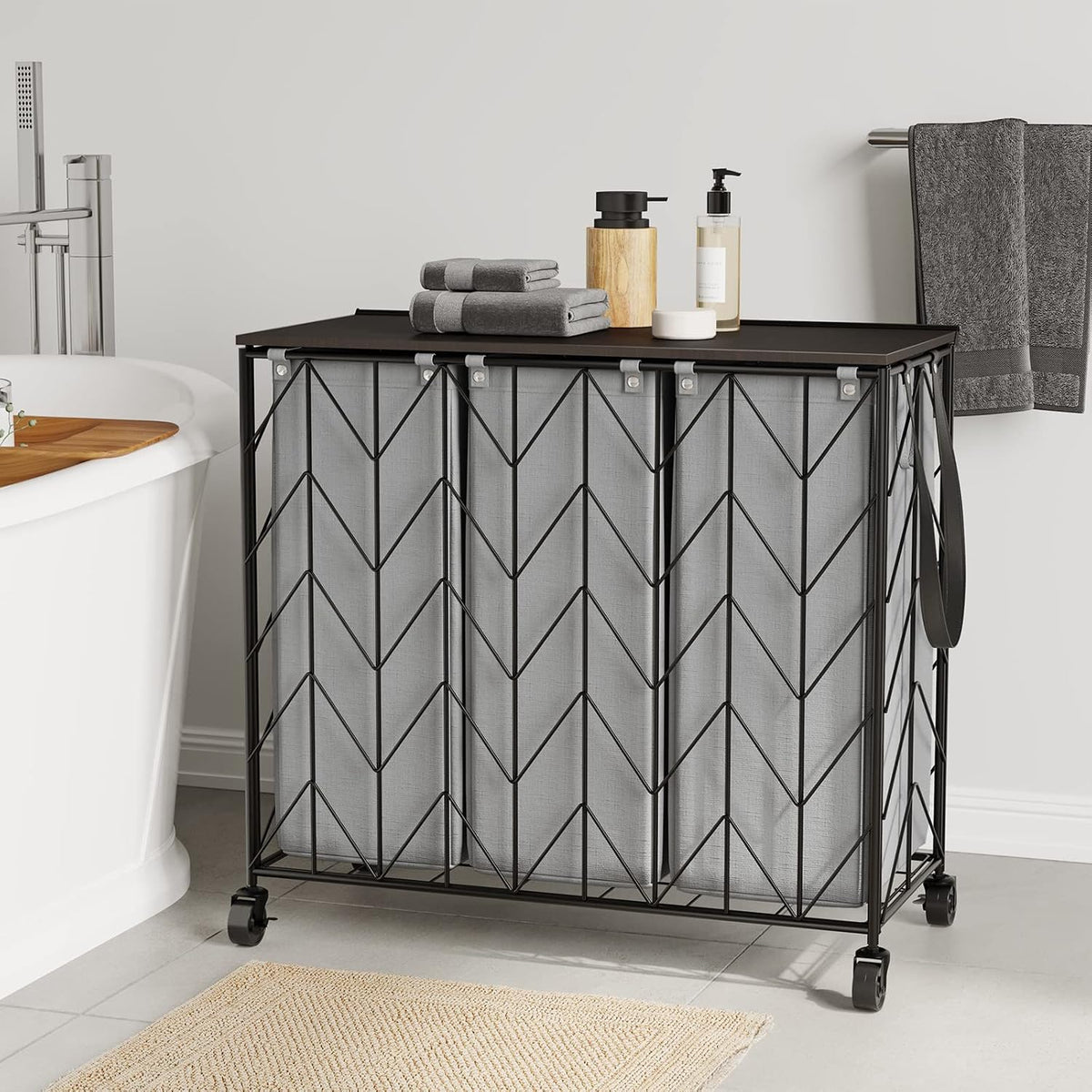Laundry Hamper 3 Section with Lid, 142L Laundry Basket with Wheels