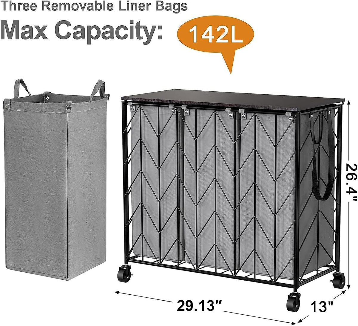 Laundry Hamper 3 Section with Lid, 142L Laundry Basket with Wheels