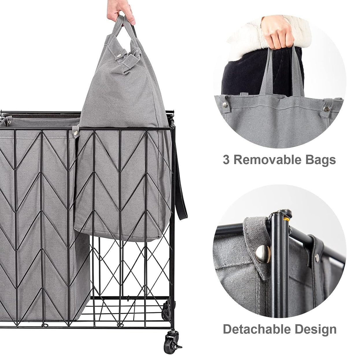 Laundry Hamper 3 Section with Lid, 142L Laundry Basket with Wheels