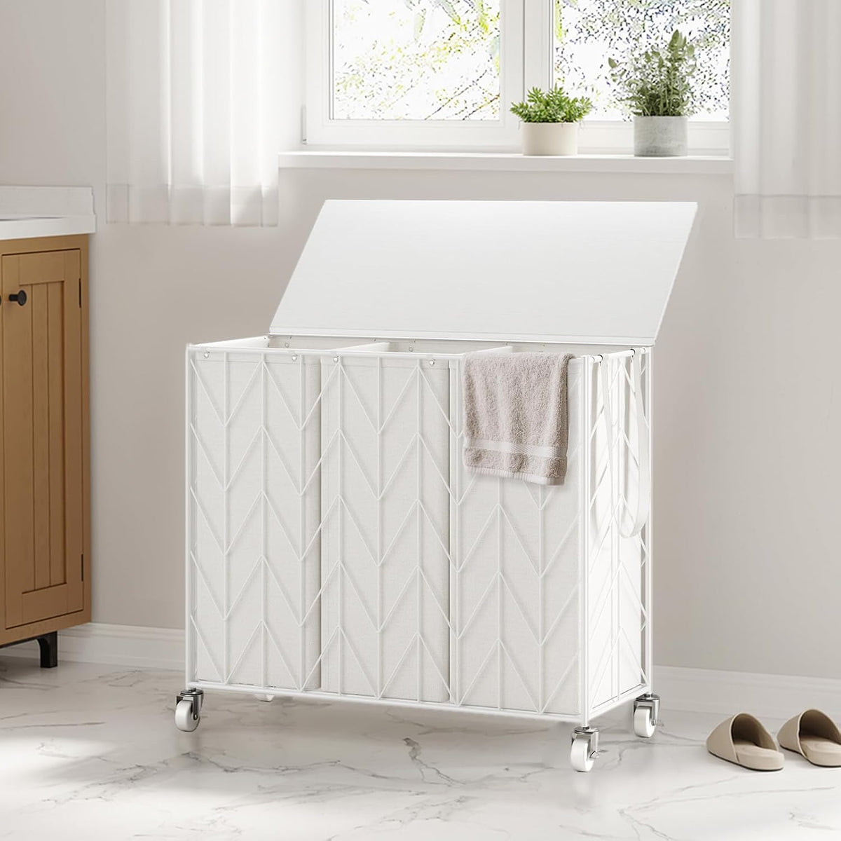 Laundry Hamper 3 Section with Lid, 142L Laundry Basket with Wheels