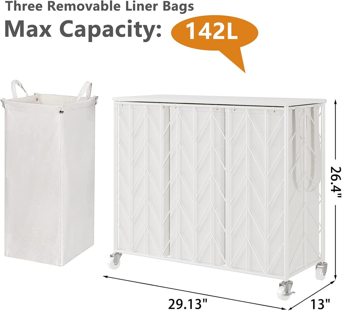 Laundry Hamper 3 Section with Lid, 142L Laundry Basket with Wheels