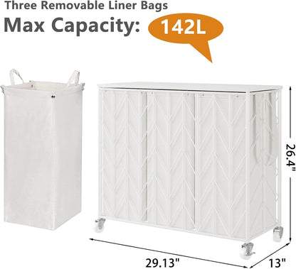 Laundry Hamper 3 Section with Lid, 142L Laundry Basket with Wheels