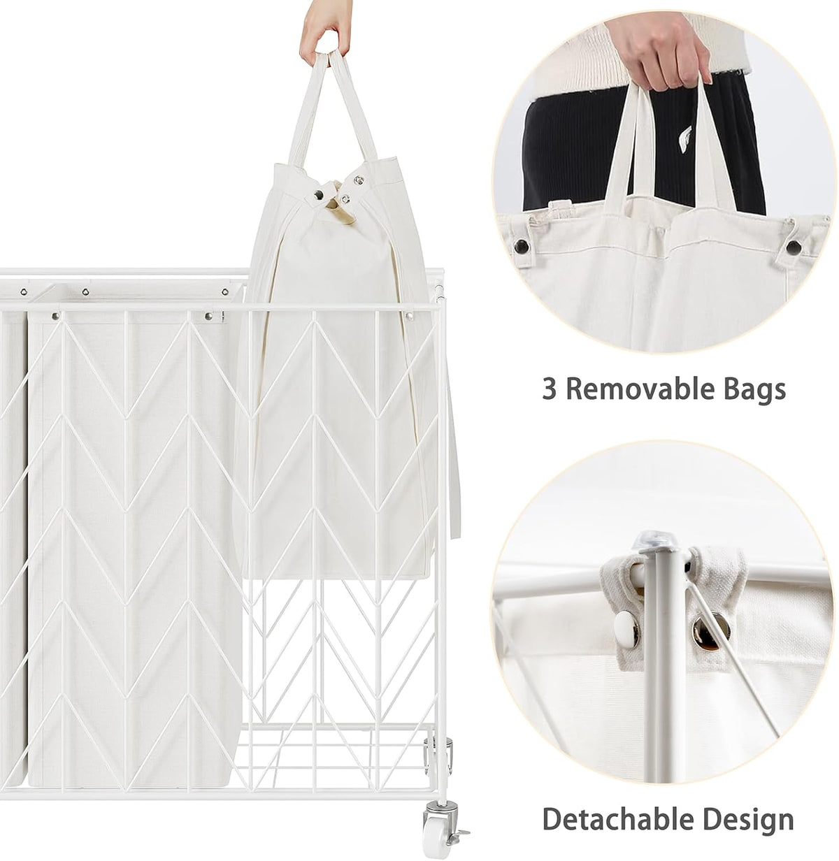 Laundry Hamper 3 Section with Lid, 142L Laundry Basket with Wheels