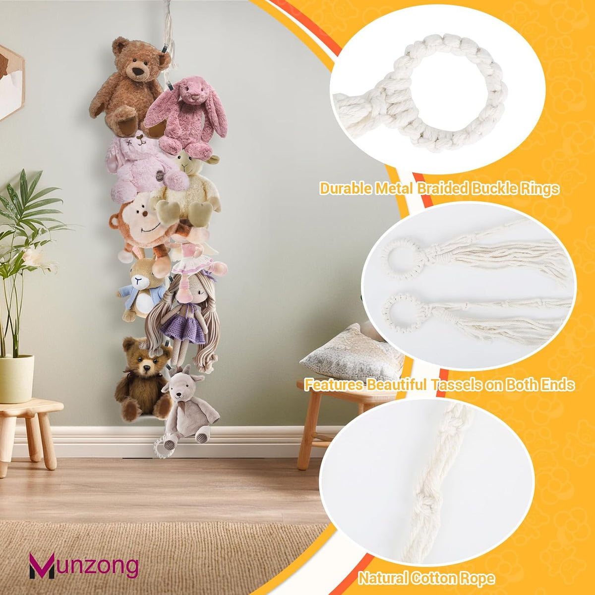 80" Beige Hanging Stuffed Animal Storage Chain with 20 Metal Clips
