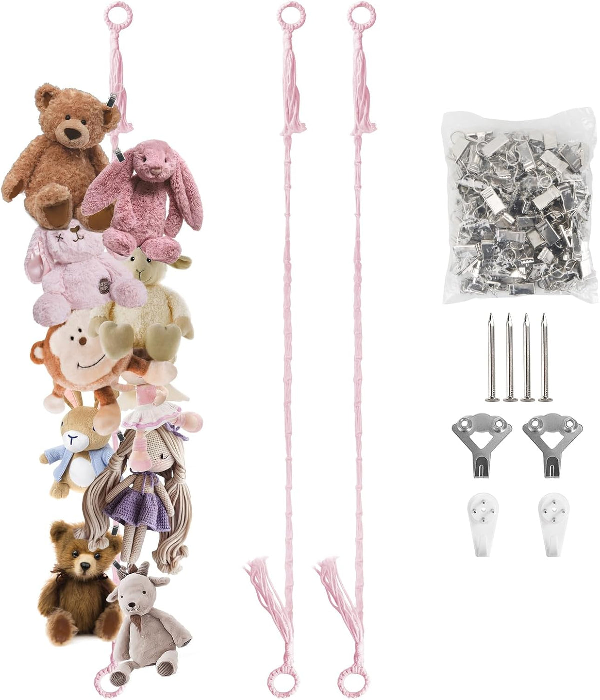 80" Beige Hanging Stuffed Animal Storage Chain with 20 Metal Clips