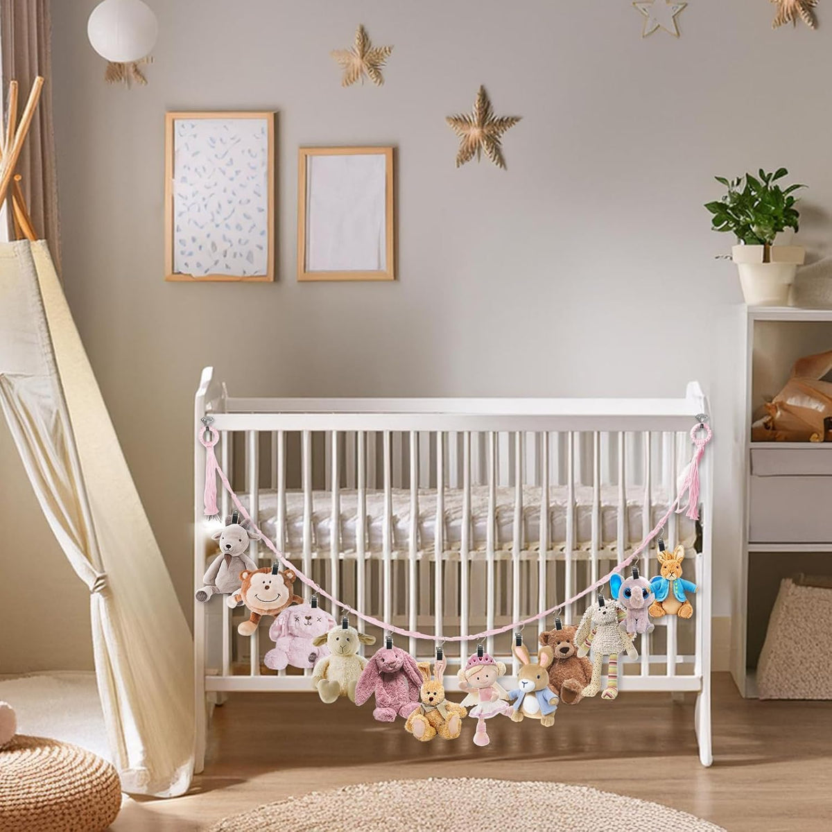 80" Beige Hanging Stuffed Animal Storage Chain with 20 Metal Clips