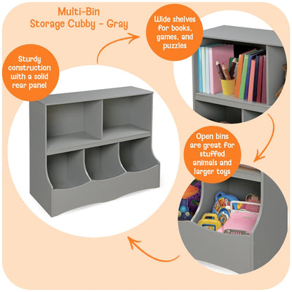 Multi-Bin Storage Cubby for Kids - Toy Organizer with 3 Cubbies, 2 Open Shelves, Display Top for Playroom or Bedroom - Storage Unit for Toys, Books & More - Gray