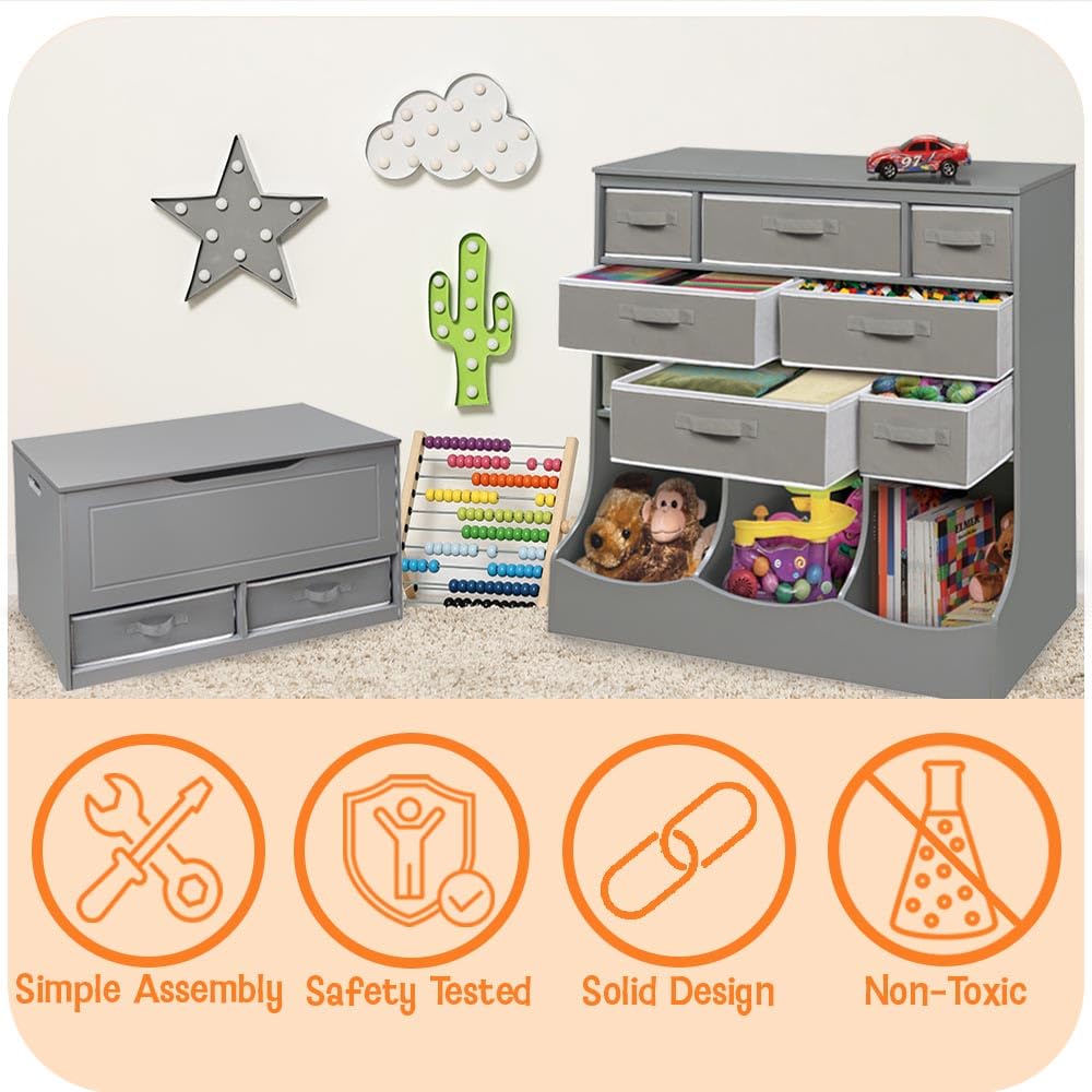 Multi-Bin Storage Cubby for Kids - Toy Organizer with 3 Cubbies, 2 Open Shelves, Display Top for Playroom or Bedroom - Storage Unit for Toys, Books & More - Gray