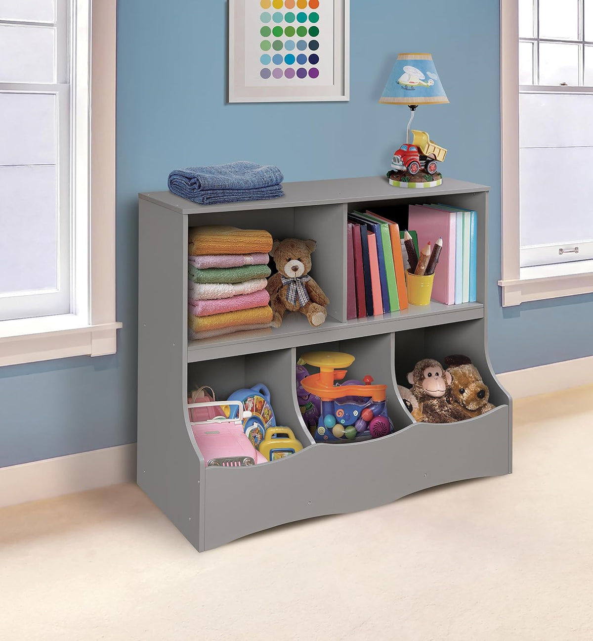 Multi-Bin Storage Cubby for Kids - Toy Organizer with 3 Cubbies, 2 Open Shelves, Display Top for Playroom or Bedroom - Storage Unit for Toys, Books & More - Gray