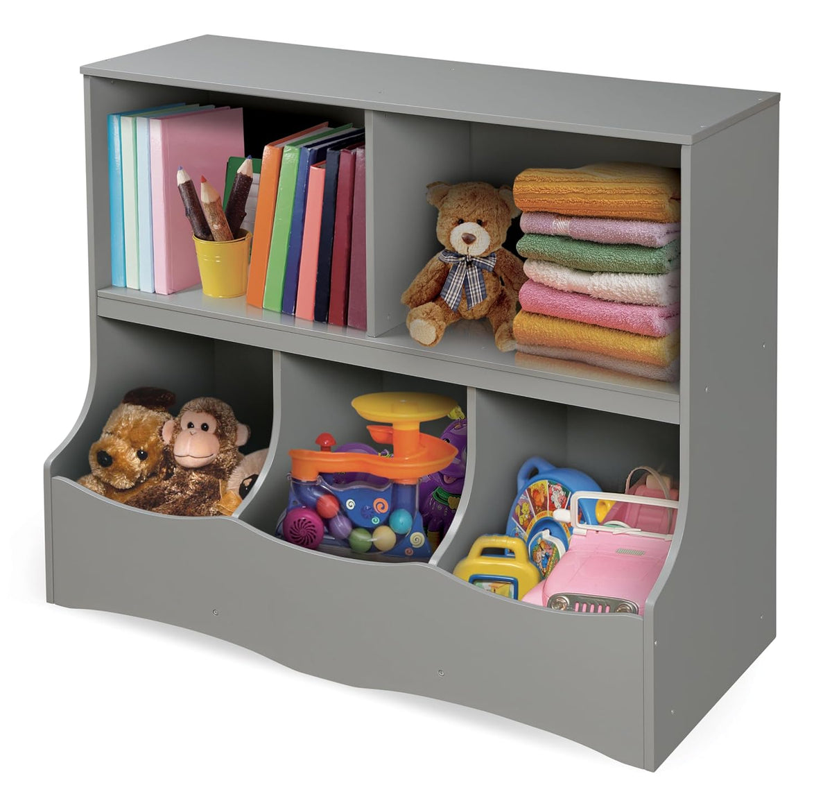 Multi-Bin Storage Cubby for Kids - Toy Organizer with 3 Cubbies, 2 Open Shelves, Display Top for Playroom or Bedroom - Storage Unit for Toys, Books & More - Gray