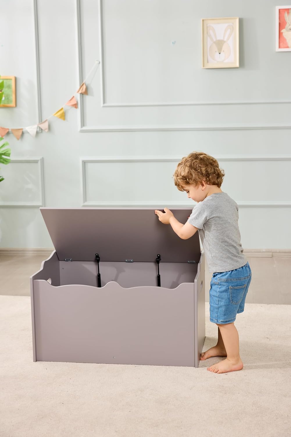 Kids Wooden Toy Storage Chest with Safety Lid, Spacious Organizer for Bedroom, White, 30" x 18" x 19"