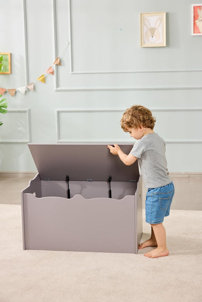 Kids Wooden Toy Storage Chest with Safety Lid, Spacious Organizer for Bedroom, White, 30" x 18" x 19"