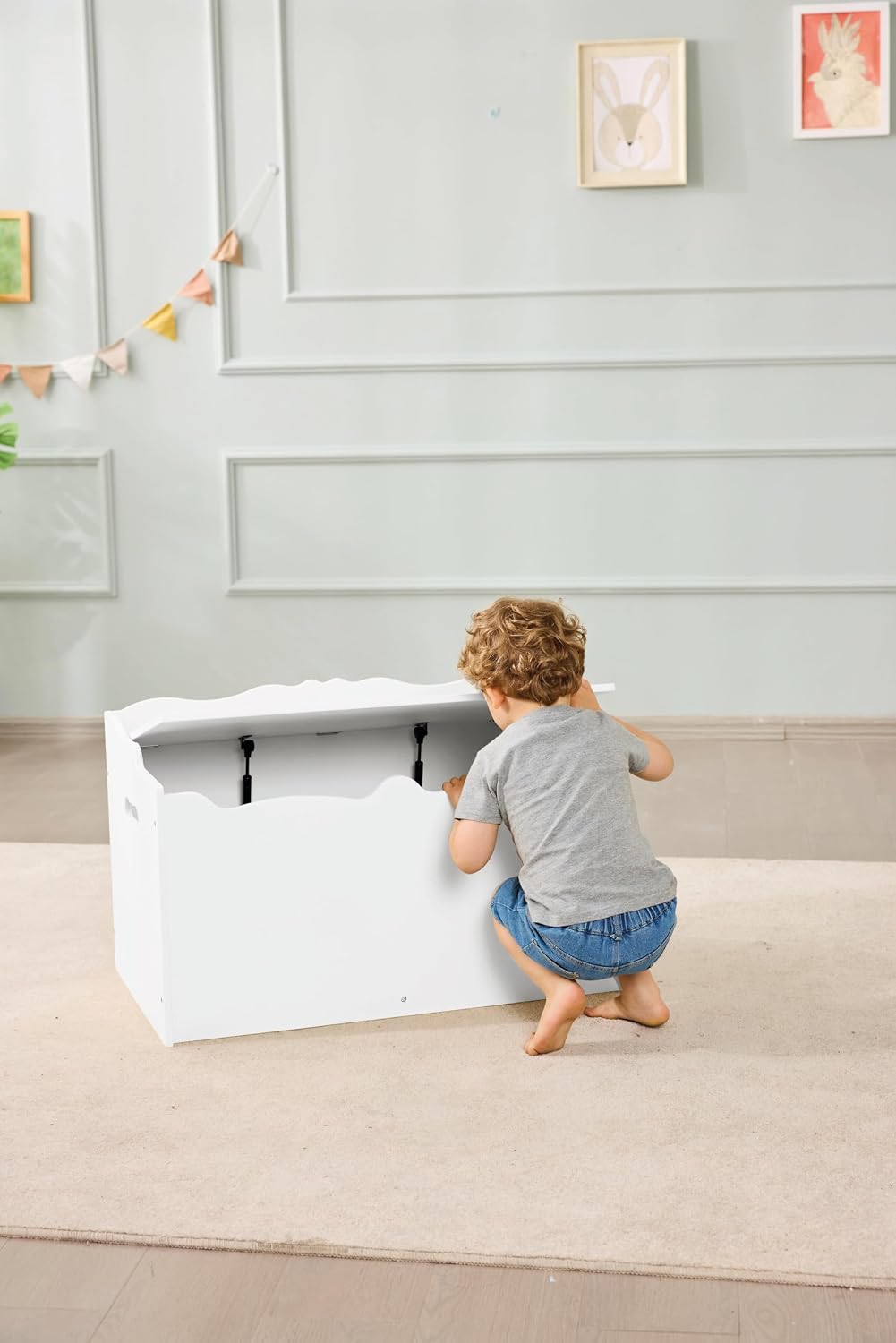 Kids Wooden Toy Storage Chest with Safety Lid, Spacious Organizer for Bedroom, White, 30" x 18" x 19"