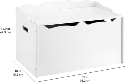 Kids Wooden Toy Storage Chest with Safety Lid, Spacious Organizer for Bedroom, White, 30" x 18" x 19"