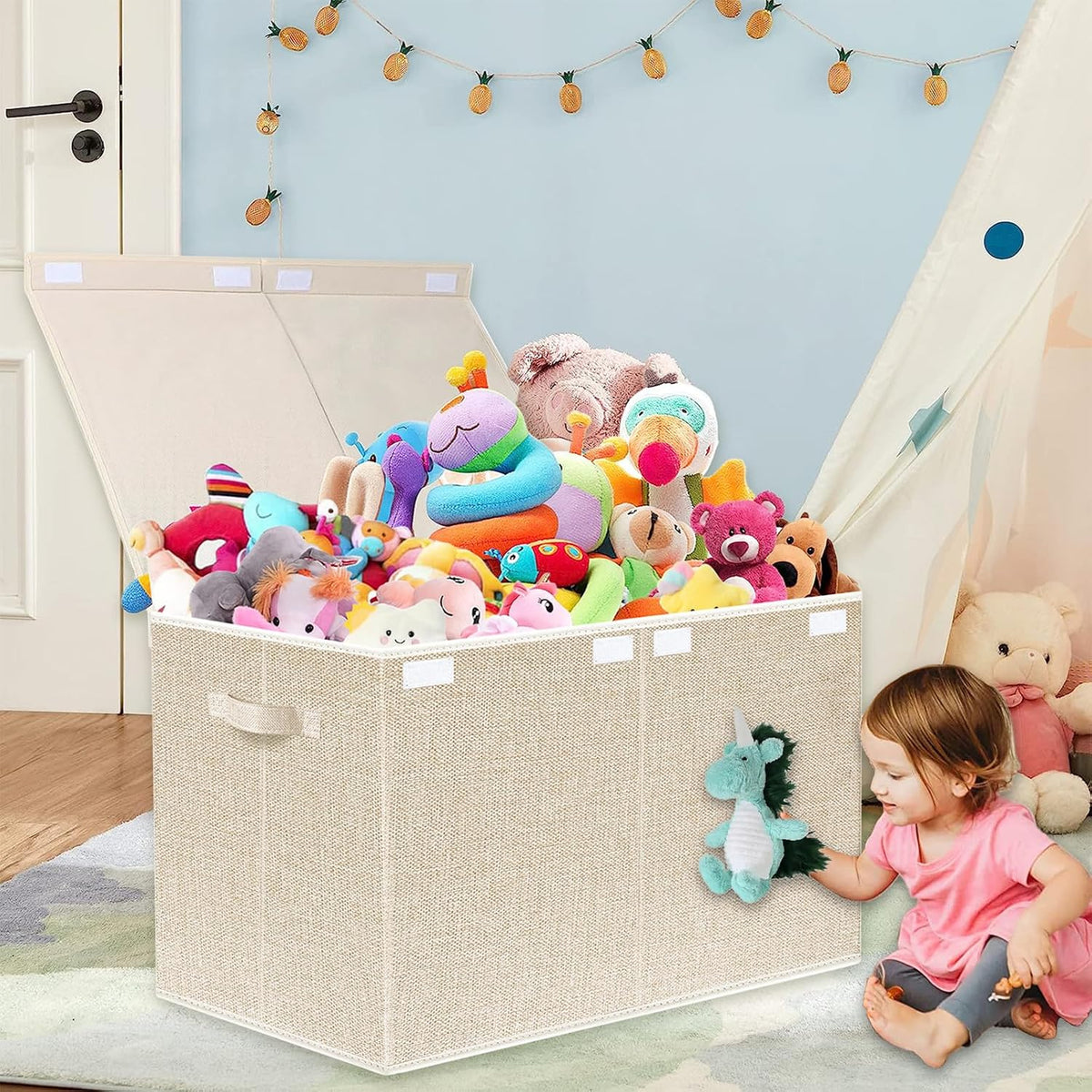 Collapsible Toy Storage Bin with Lid, 82L Large Capacity - Gray Neutral Space-Saving Organizer for Playroom, Bedroom & Nursery, Foldable Design