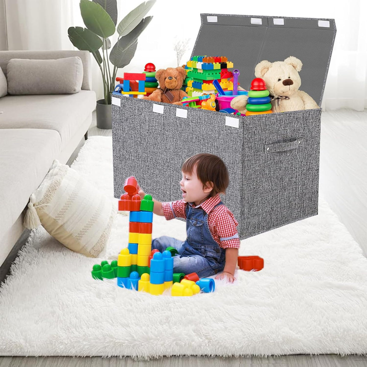Collapsible Toy Storage Bin with Lid, 82L Large Capacity - Gray Neutral Space-Saving Organizer for Playroom, Bedroom & Nursery, Foldable Design