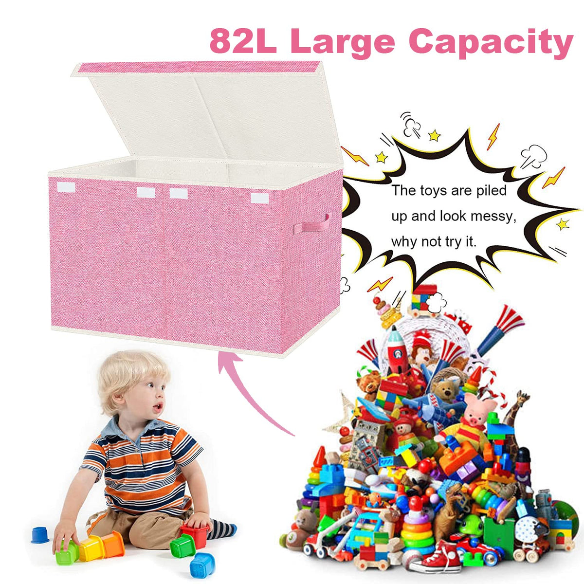 Collapsible Toy Storage Bin with Lid, 82L Large Capacity - Gray Neutral Space-Saving Organizer for Playroom, Bedroom & Nursery, Foldable Design