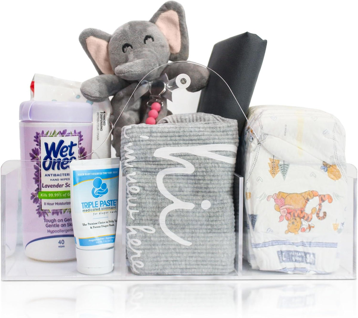 Acrylic Diaper Caddy Organizer - Stylish Portable Nursery Storage Basket with Handle & 3 Spacious Compartments - Perfect for Diapers, Wipes, Creams - Baby Shower & Nursery Must Haves