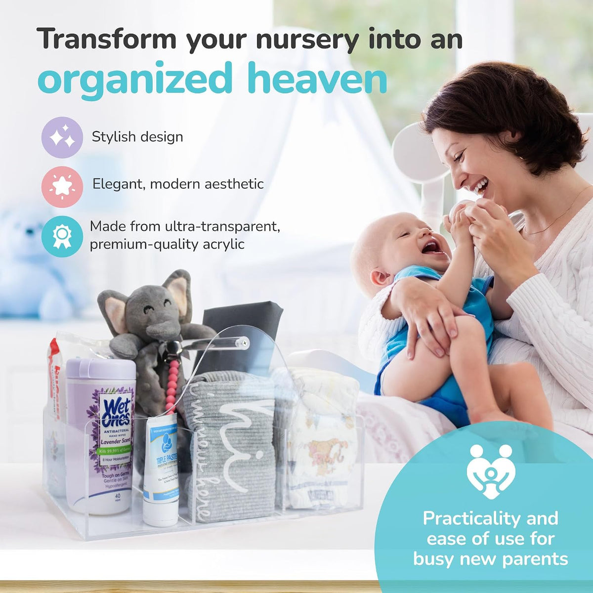 Acrylic Diaper Caddy Organizer - Stylish Portable Nursery Storage Basket with Handle & 3 Spacious Compartments - Perfect for Diapers, Wipes, Creams - Baby Shower & Nursery Must Haves