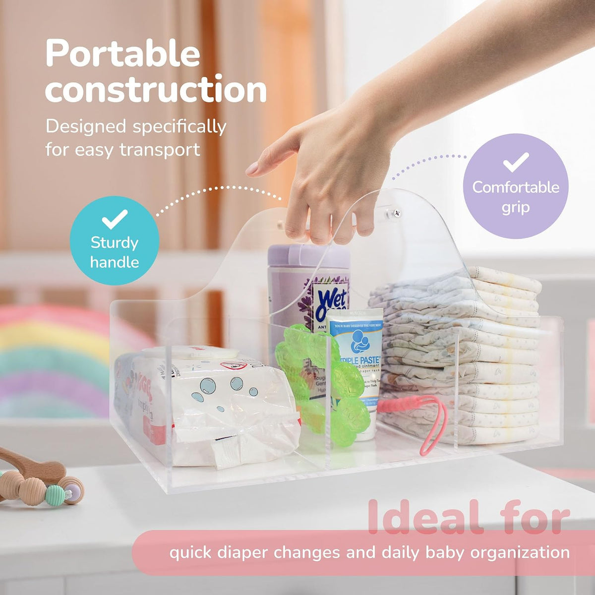 Acrylic Diaper Caddy Organizer - Stylish Portable Nursery Storage Basket with Handle & 3 Spacious Compartments - Perfect for Diapers, Wipes, Creams - Baby Shower & Nursery Must Haves