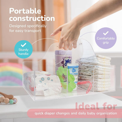 Acrylic Diaper Caddy Organizer - Stylish Portable Nursery Storage Basket with Handle & 3 Spacious Compartments - Perfect for Diapers, Wipes, Creams - Baby Shower & Nursery Must Haves