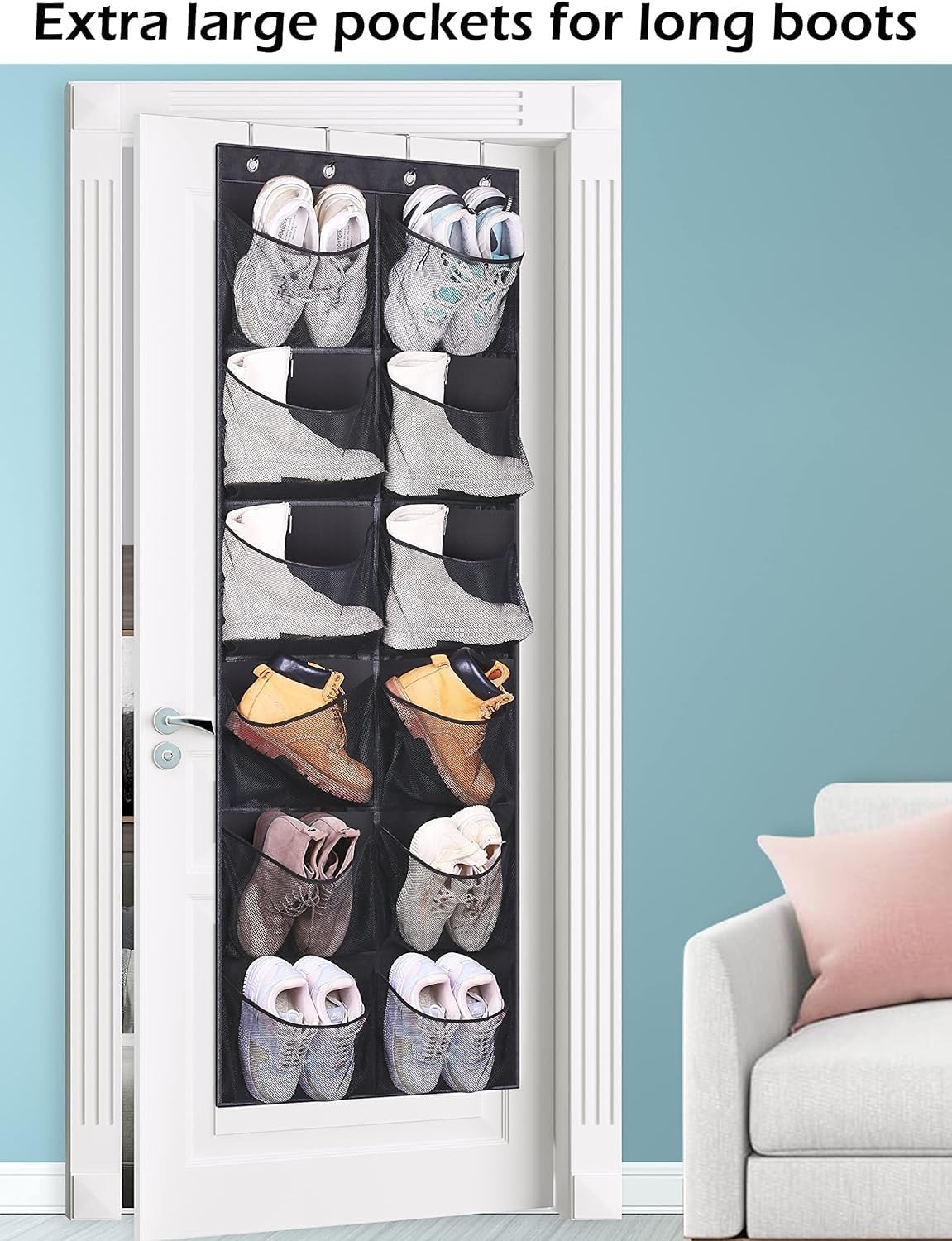 Over The Door Shoe Organizer 12 Large Mesh Pockets Boots Hanging Storage Shoe Rack for Closet White
