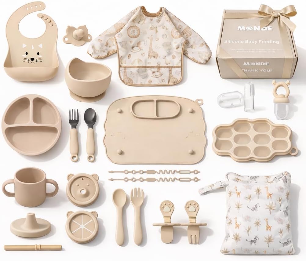 25PCS Ultimate Silicone Baby Feeding Set, Complete Mealtime Baby-Led Weaning Essentials From Infant To Toddler, Bib, Smock, Sippy Cup, Dry Wet Bag, Placemat, Perfect Premium Gift Set (Beige)
