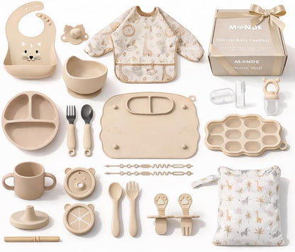 25PCS Ultimate Silicone Baby Feeding Set, Complete Mealtime Baby-Led Weaning Essentials From Infant To Toddler, Bib, Smock, Sippy Cup, Dry Wet Bag, Placemat, Perfect Premium Gift Set (Beige)