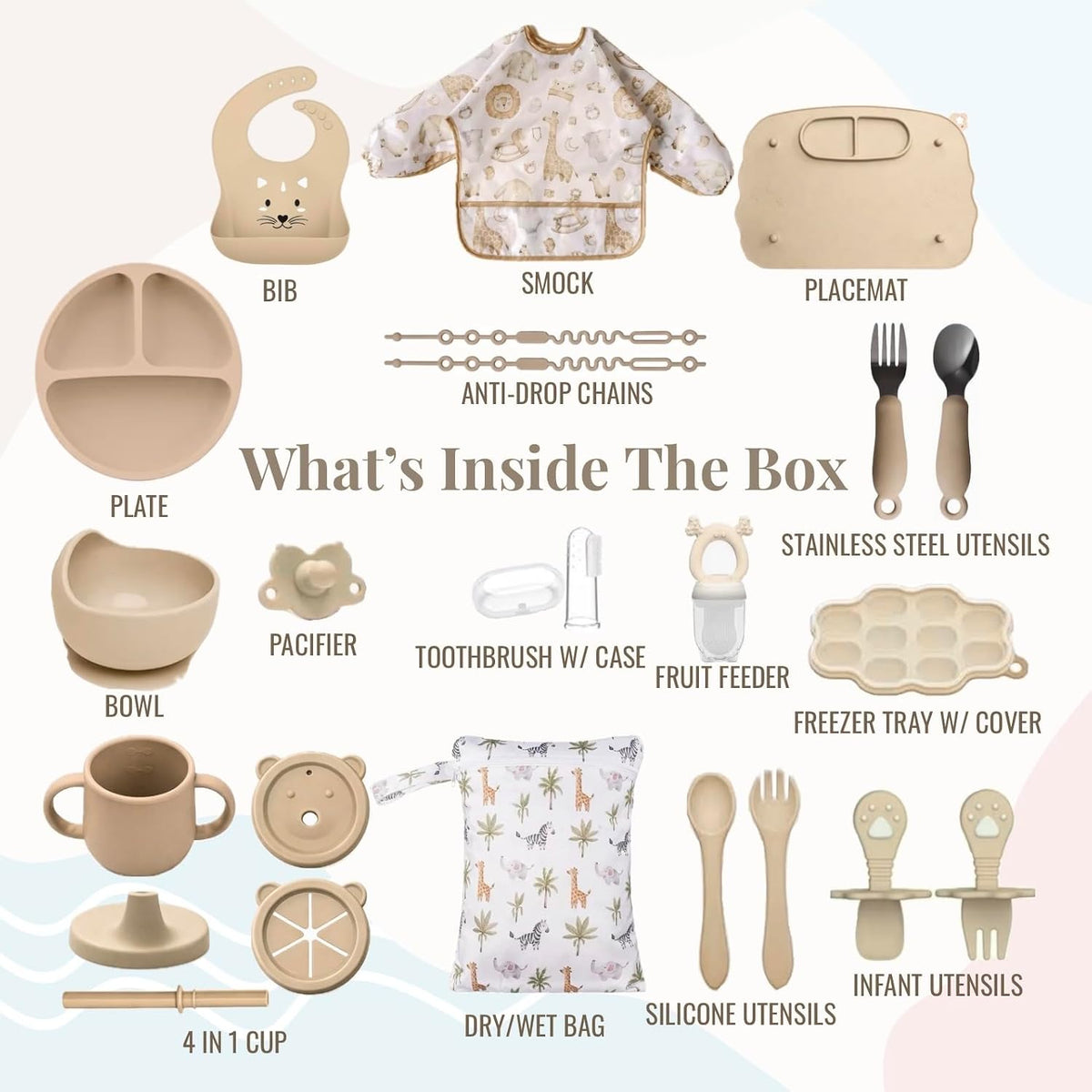 25PCS Ultimate Silicone Baby Feeding Set, Complete Mealtime Baby-Led Weaning Essentials From Infant To Toddler, Bib, Smock, Sippy Cup, Dry Wet Bag, Placemat, Perfect Premium Gift Set (Beige)