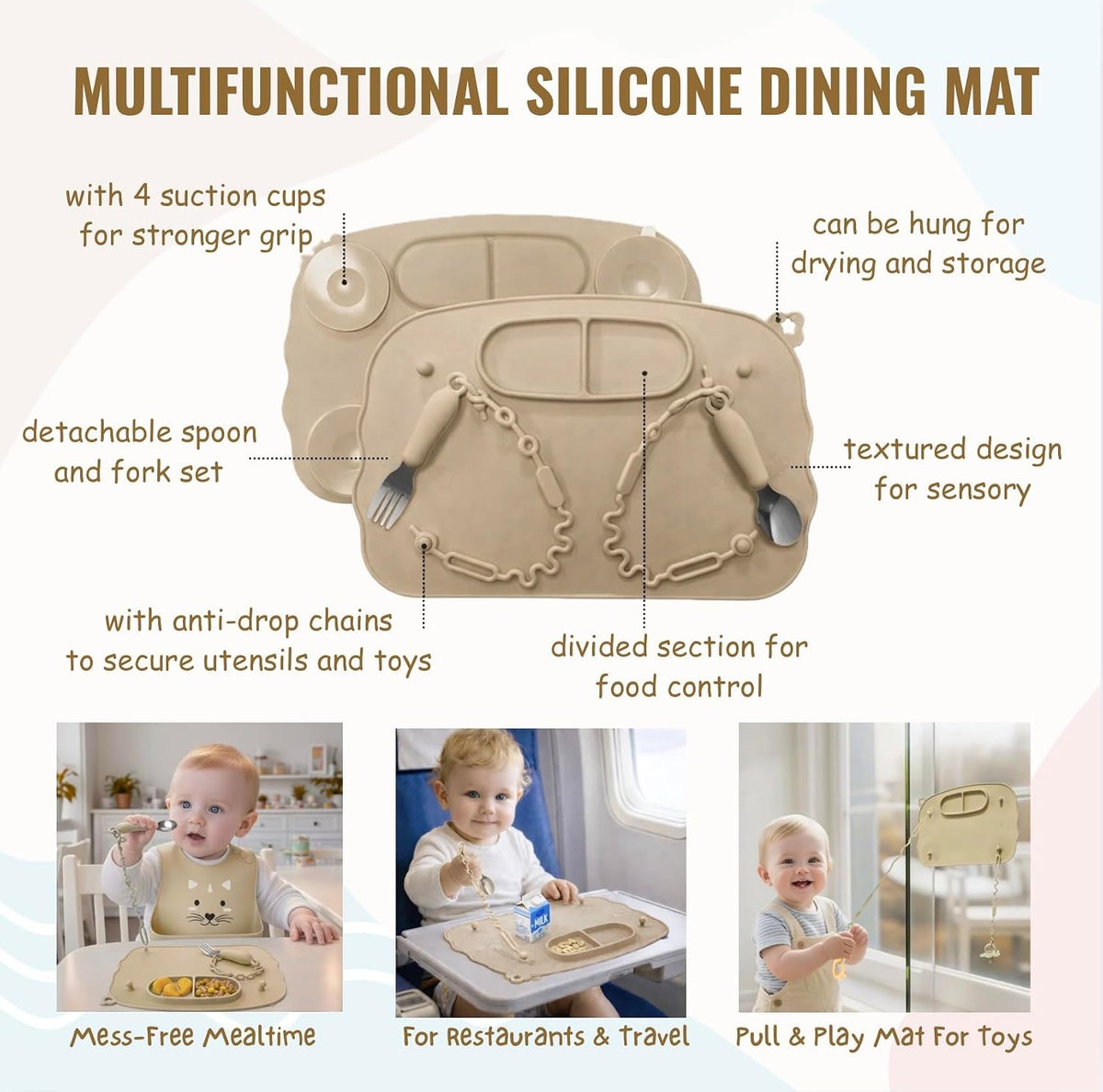 25PCS Ultimate Silicone Baby Feeding Set, Complete Mealtime Baby-Led Weaning Essentials From Infant To Toddler, Bib, Smock, Sippy Cup, Dry Wet Bag, Placemat, Perfect Premium Gift Set (Beige)