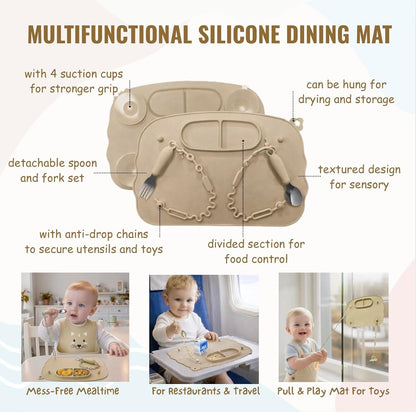 25PCS Ultimate Silicone Baby Feeding Set, Complete Mealtime Baby-Led Weaning Essentials From Infant To Toddler, Bib, Smock, Sippy Cup, Dry Wet Bag, Placemat, Perfect Premium Gift Set (Beige)