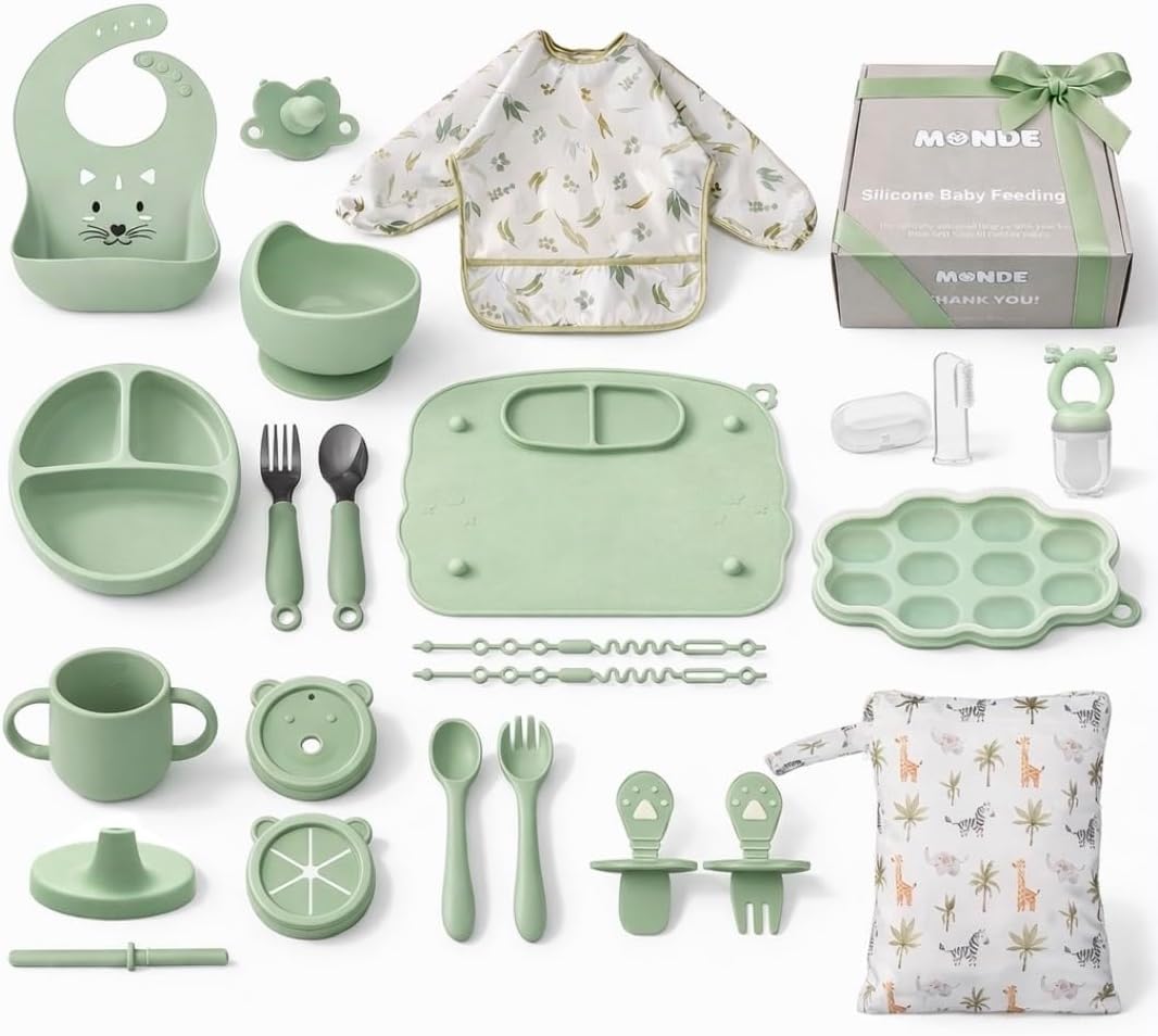25PCS Ultimate Silicone Baby Feeding Set, Complete Mealtime Baby-Led Weaning Essentials From Infant To Toddler, Bib, Smock, Sippy Cup, Dry Wet Bag, Placemat, Perfect Premium Gift Set (Beige)