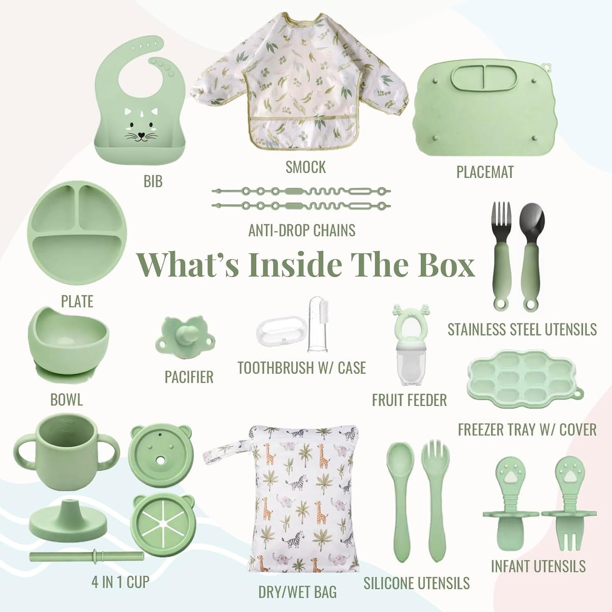 25PCS Ultimate Silicone Baby Feeding Set, Complete Mealtime Baby-Led Weaning Essentials From Infant To Toddler, Bib, Smock, Sippy Cup, Dry Wet Bag, Placemat, Perfect Premium Gift Set (Beige)