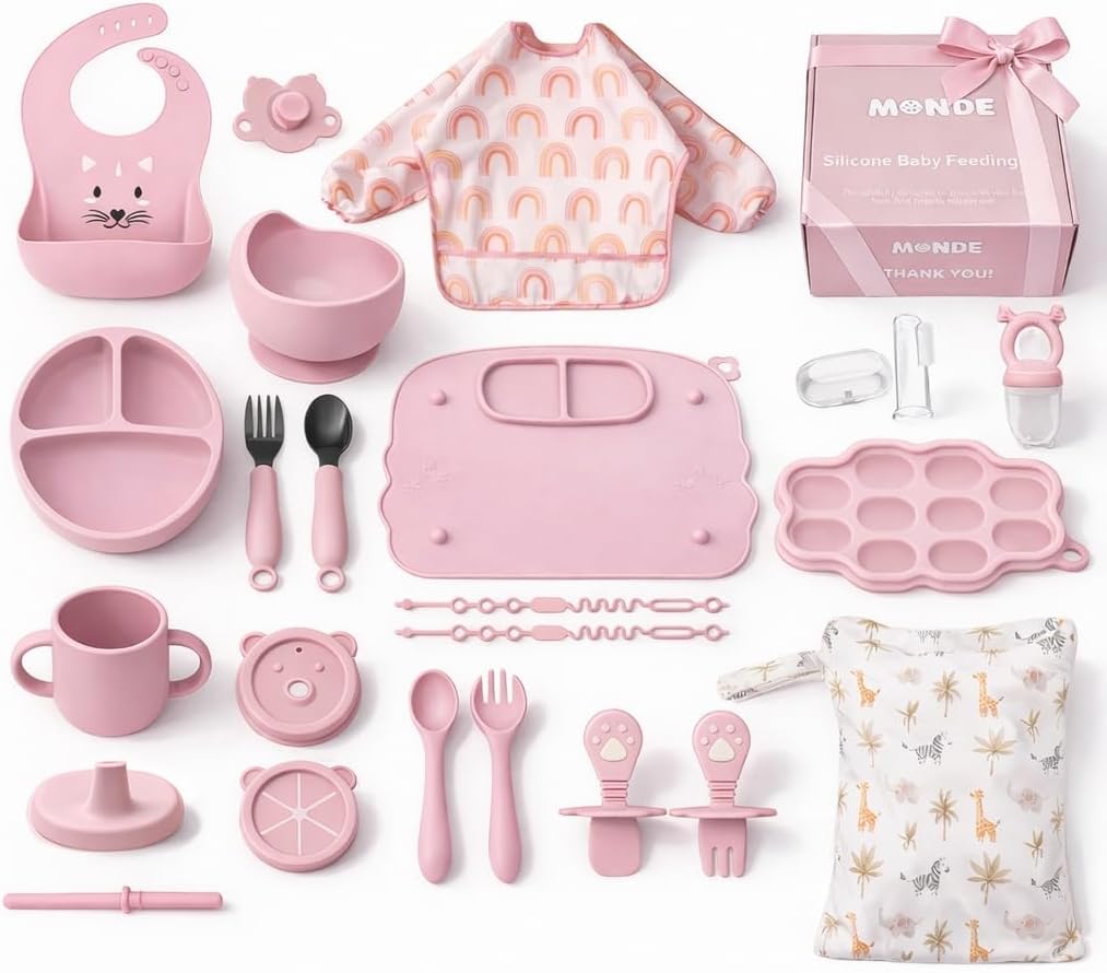 25PCS Ultimate Silicone Baby Feeding Set, Complete Mealtime Baby-Led Weaning Essentials From Infant To Toddler, Bib, Smock, Sippy Cup, Dry Wet Bag, Placemat, Perfect Premium Gift Set (Beige)
