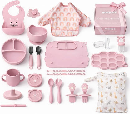 25PCS Ultimate Silicone Baby Feeding Set, Complete Mealtime Baby-Led Weaning Essentials From Infant To Toddler, Bib, Smock, Sippy Cup, Dry Wet Bag, Placemat, Perfect Premium Gift Set (Beige)