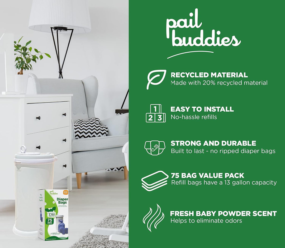 Diaper Pail Refill Bags for Ubbi, 75 Count, Odor Control, Tear-Resistant