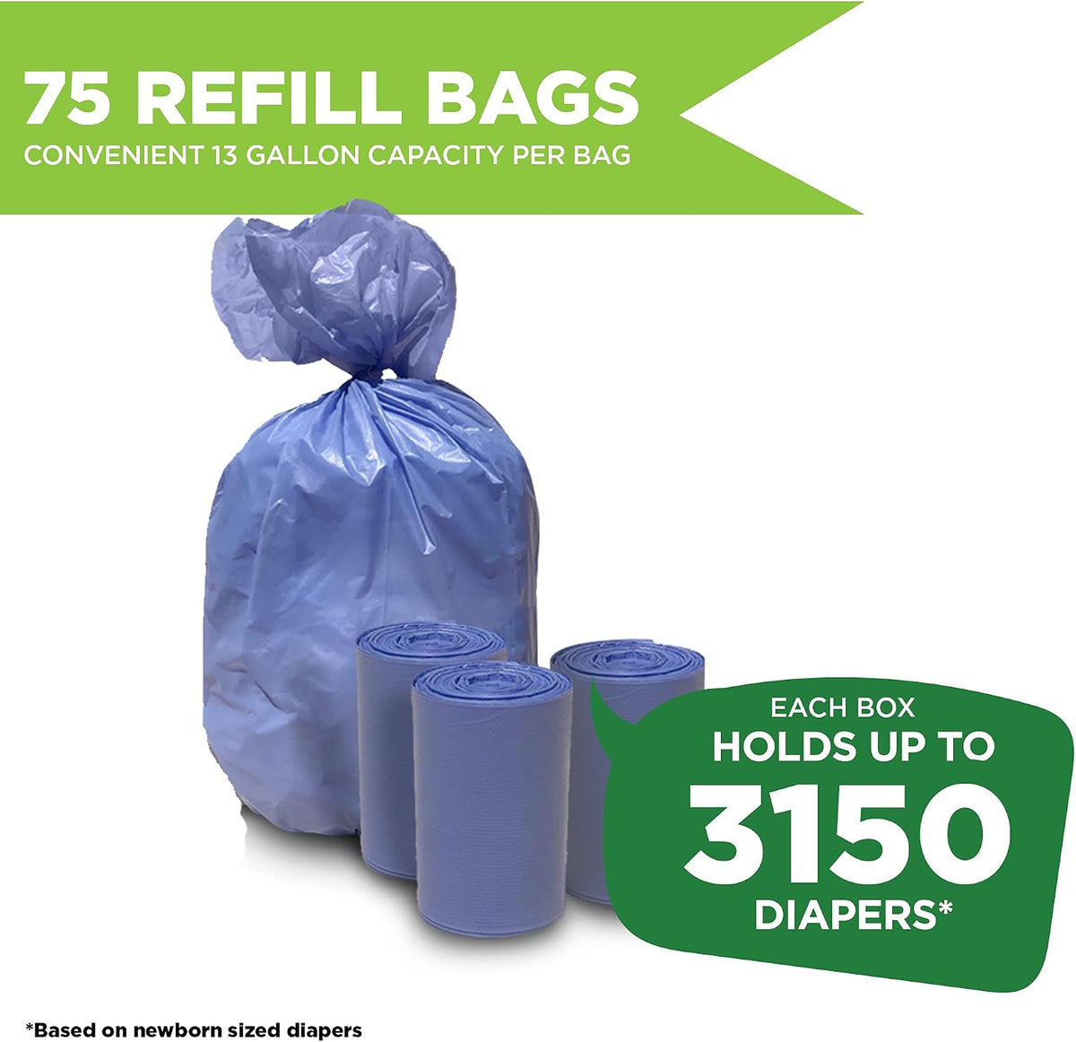 Diaper Pail Refill Bags for Ubbi, 75 Count, Odor Control, Tear-Resistant