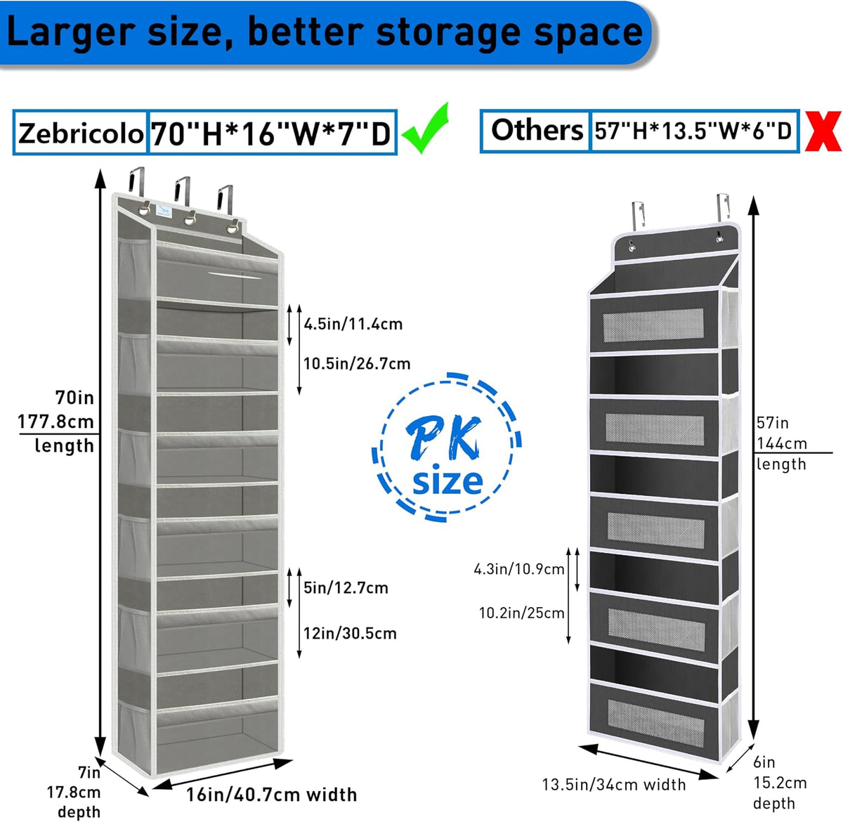 Over the Door Organizer Storage 6 Tier, 12 Large Capacity Side Pockets, Heavy Duty Metal Reinforced Hook Anti Tilt 75 LB Load Behind Door Storage for Bedroom Bathroom Pantry Nursery