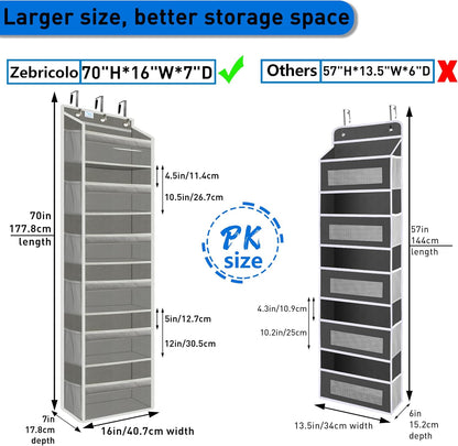 Over the Door Organizer Storage 6 Tier, 12 Large Capacity Side Pockets, Heavy Duty Metal Reinforced Hook Anti Tilt 75 LB Load Behind Door Storage for Bedroom Bathroom Pantry Nursery