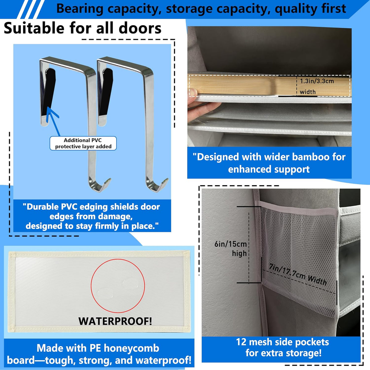 Over the Door Organizer Storage 6 Tier, 12 Large Capacity Side Pockets, Heavy Duty Metal Reinforced Hook Anti Tilt 75 LB Load Behind Door Storage for Bedroom Bathroom Pantry Nursery