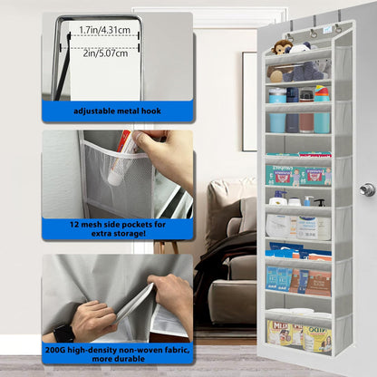 Over the Door Organizer Storage 6 Tier, 12 Large Capacity Side Pockets, Heavy Duty Metal Reinforced Hook Anti Tilt 75 LB Load Behind Door Storage for Bedroom Bathroom Pantry Nursery