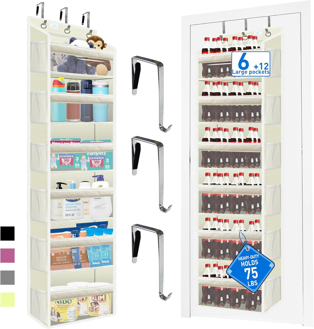 Over the Door Organizer Storage 6 Tier, 12 Large Capacity Side Pockets, Heavy Duty Metal Reinforced Hook Anti Tilt 75 LB Load Behind Door Storage for Bedroom Bathroom Pantry Nursery