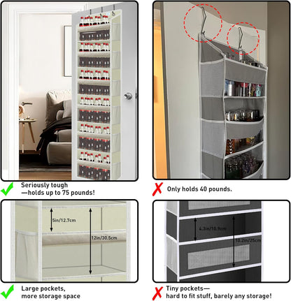 Over the Door Organizer Storage 6 Tier, 12 Large Capacity Side Pockets, Heavy Duty Metal Reinforced Hook Anti Tilt 75 LB Load Behind Door Storage for Bedroom Bathroom Pantry Nursery