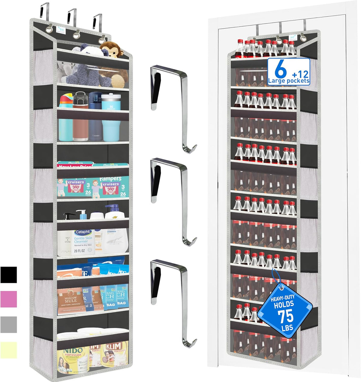 Over the Door Organizer Storage 6 Tier, 12 Large Capacity Side Pockets, Heavy Duty Metal Reinforced Hook Anti Tilt 75 LB Load Behind Door Storage for Bedroom Bathroom Pantry Nursery